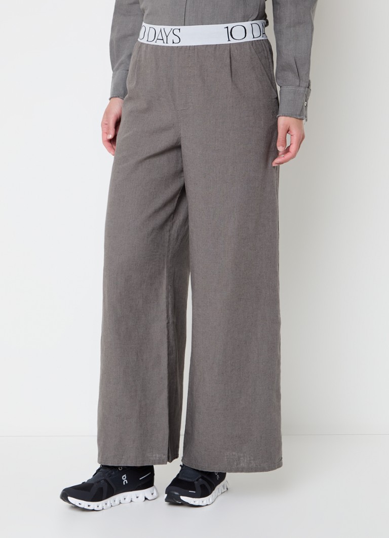 10DAYS - High waist wide fit pantalon in linnenblend met logoband - Donkergrijs