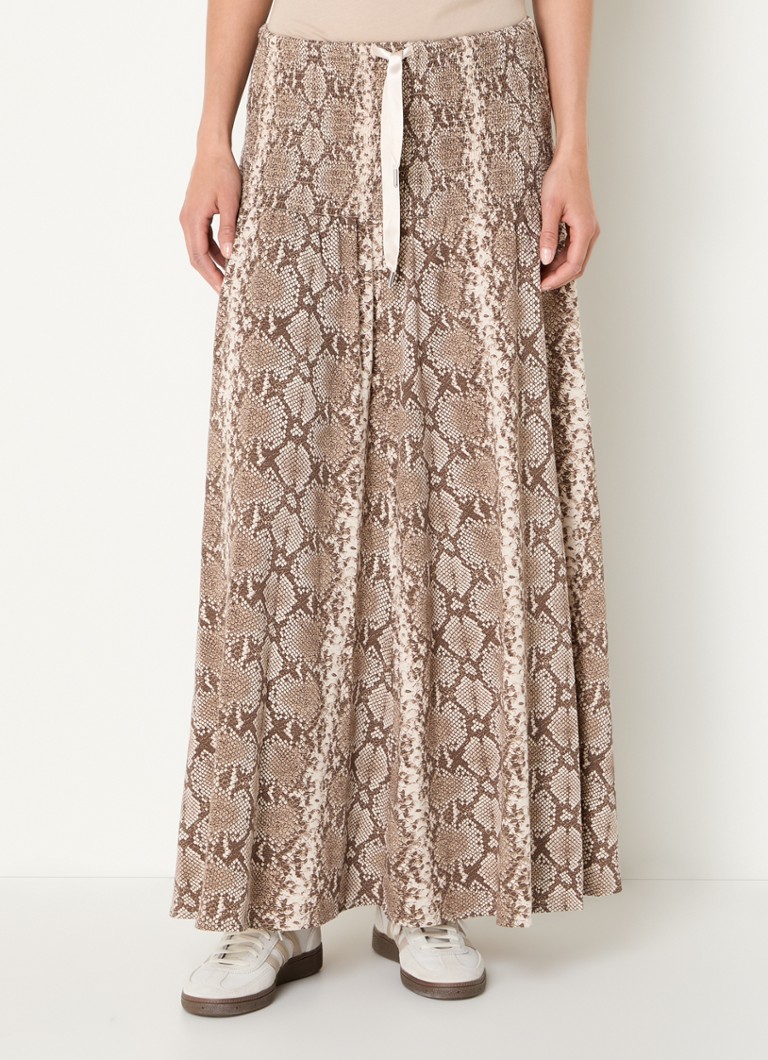 10DAYS - Maxi rok van biologisch katoen met slangenprint en smockwerk - Donkerbeige