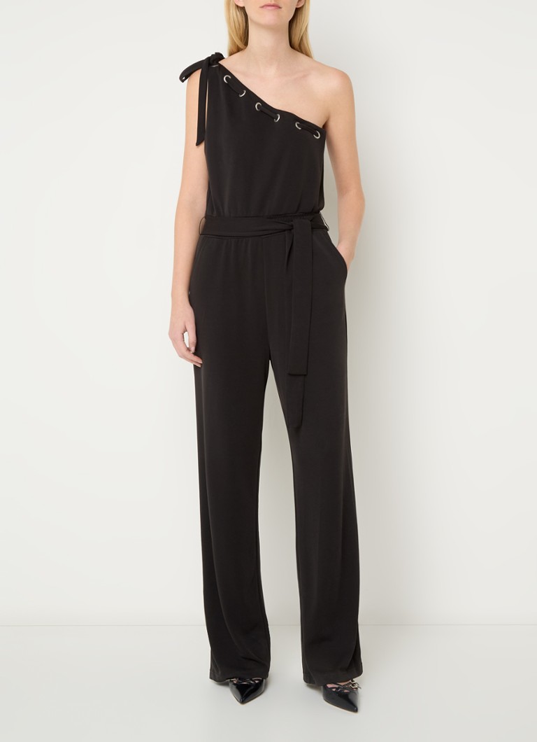 Aaiko - Carmen one shoulder straight fit jumpsuit met strikceintuur en steekzakken - Zwart