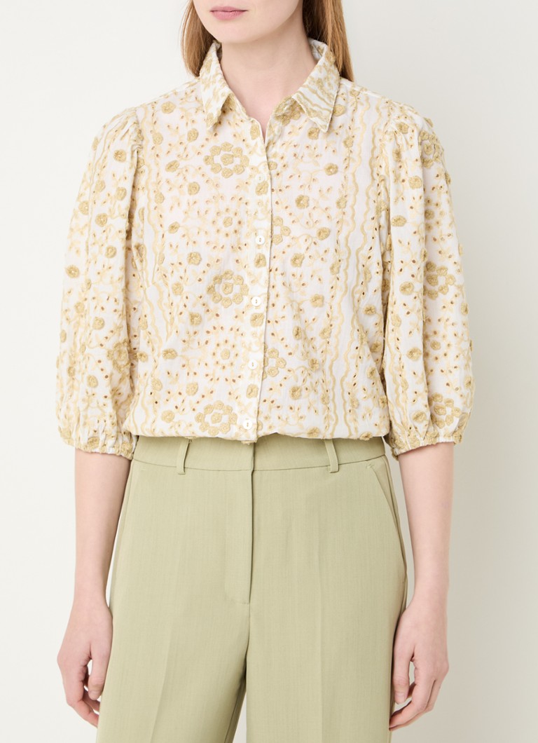 Aaiko - Lien 2 Tone cropped blouse met broderie en ballonmouw - Lindegroen