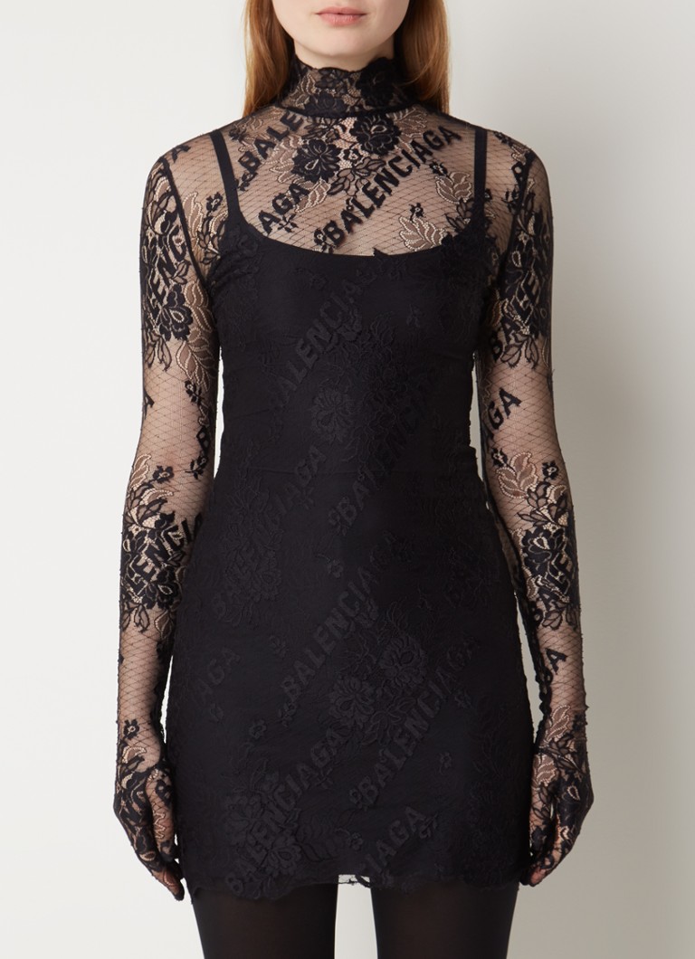 Balenciaga - Mini jurk van kant met logoprint - Zwart