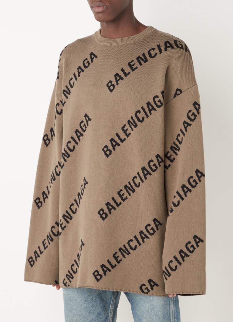 Balenciaga - Oversized fijngebreide trui in wolblend met ingebreide logoprint - Taupe