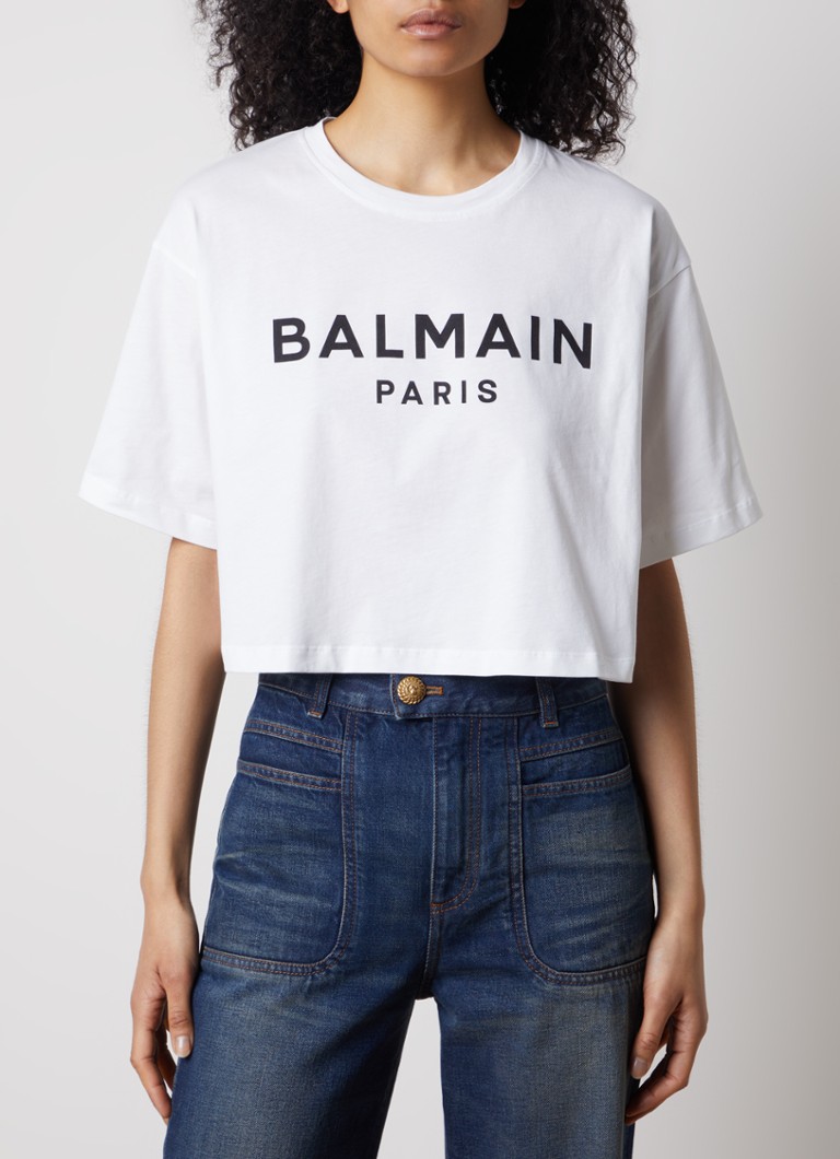 Balmain - Cropped T-shirt met logoprint - Wit