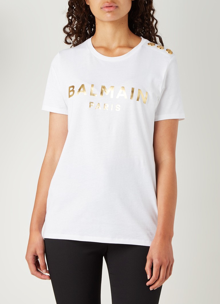Balmain - T-shirt met metallic logoprint en sierknopen - Wit