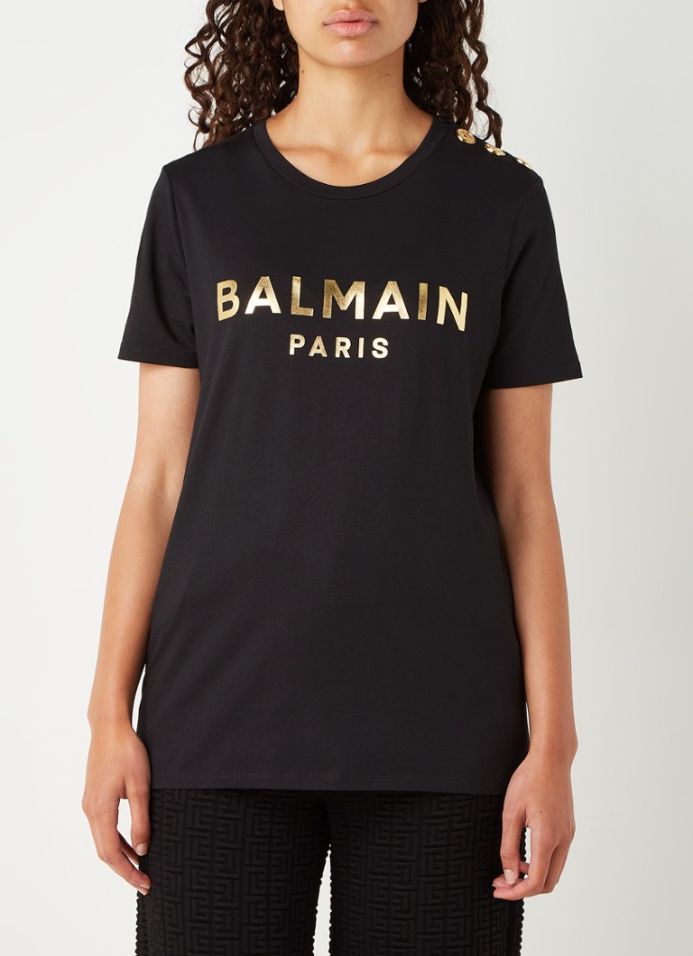 Balmain - T-shirt met metallic logoprint en sierknopen - Zwart