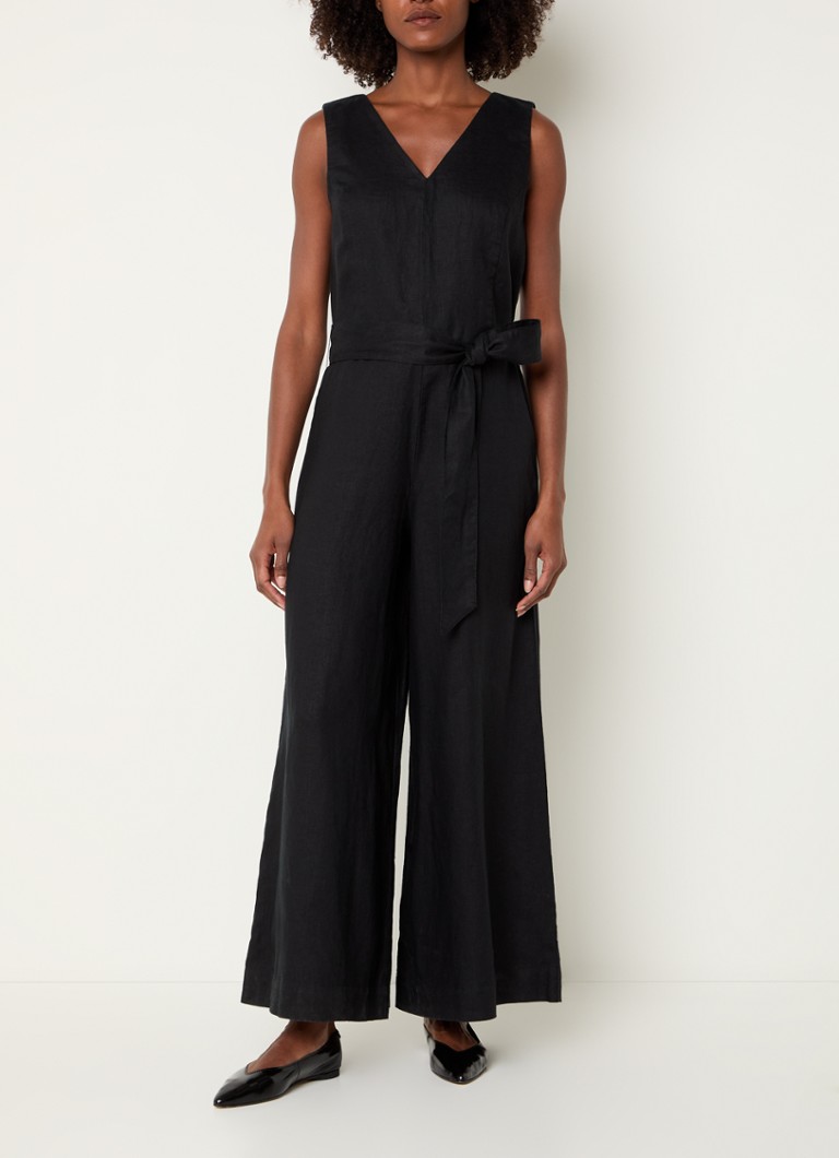 Benetton - Wide fit jumpsuit van linnen met strikceintuur - Zwart