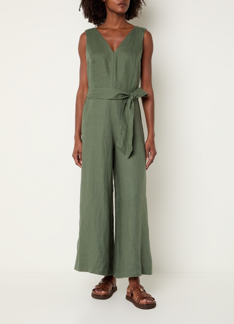 Benetton - Wide fit jumpsuit van linnen met strikceintuur - Legergroen