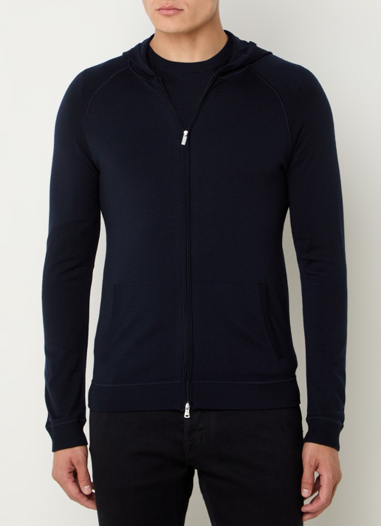 Boggi Milano Fijngebreid vest van wol met capuchon • Donkerblauw