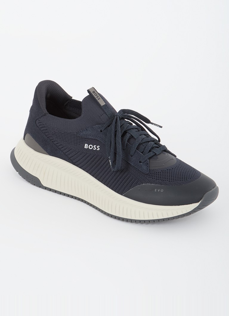 BOSS - Sneaker met gebreid bovenwerk en suède details - Indigo