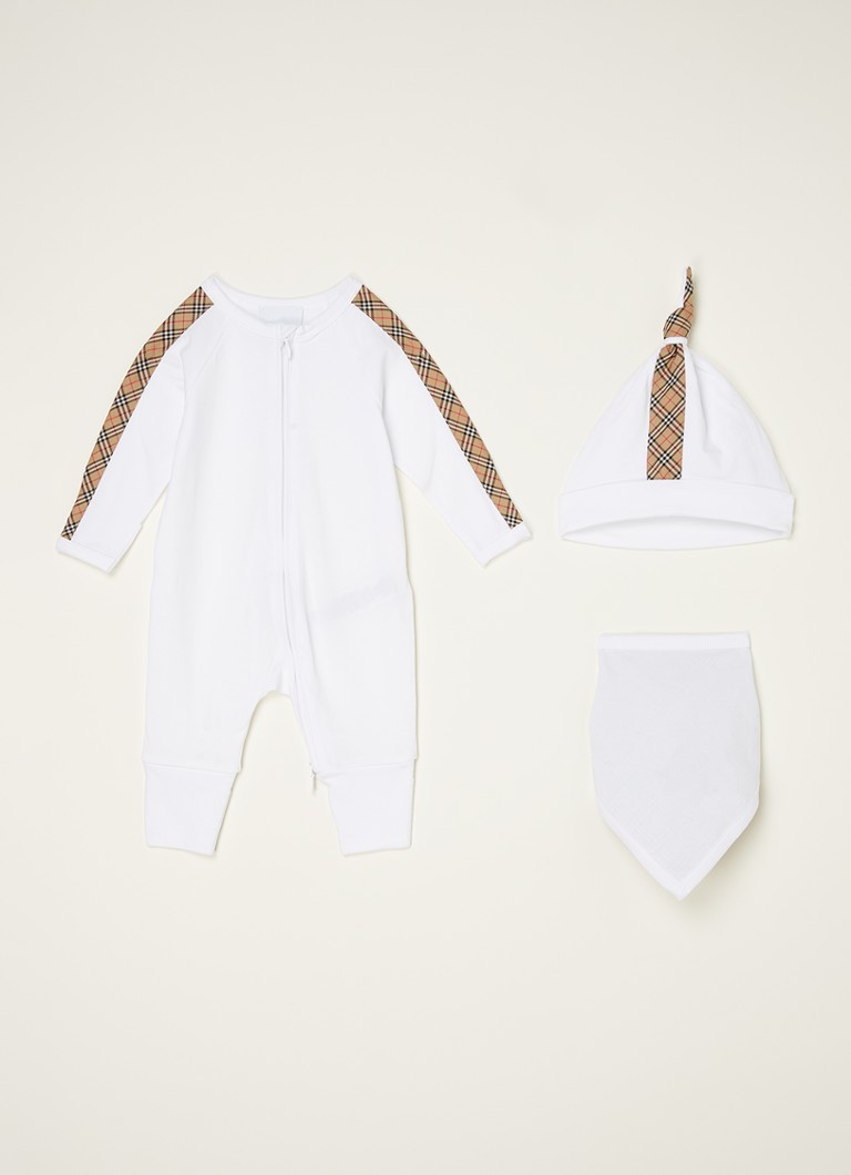 BURBERRY - Coffret cadeau avec combinaison pour bébé avec bavette et bonnet 3 pièces - Blanc