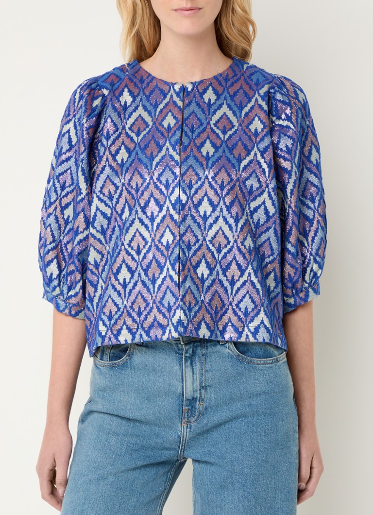 by-bar - Mauri blouse met jacquard dessin en lurex - Kobaltblauw