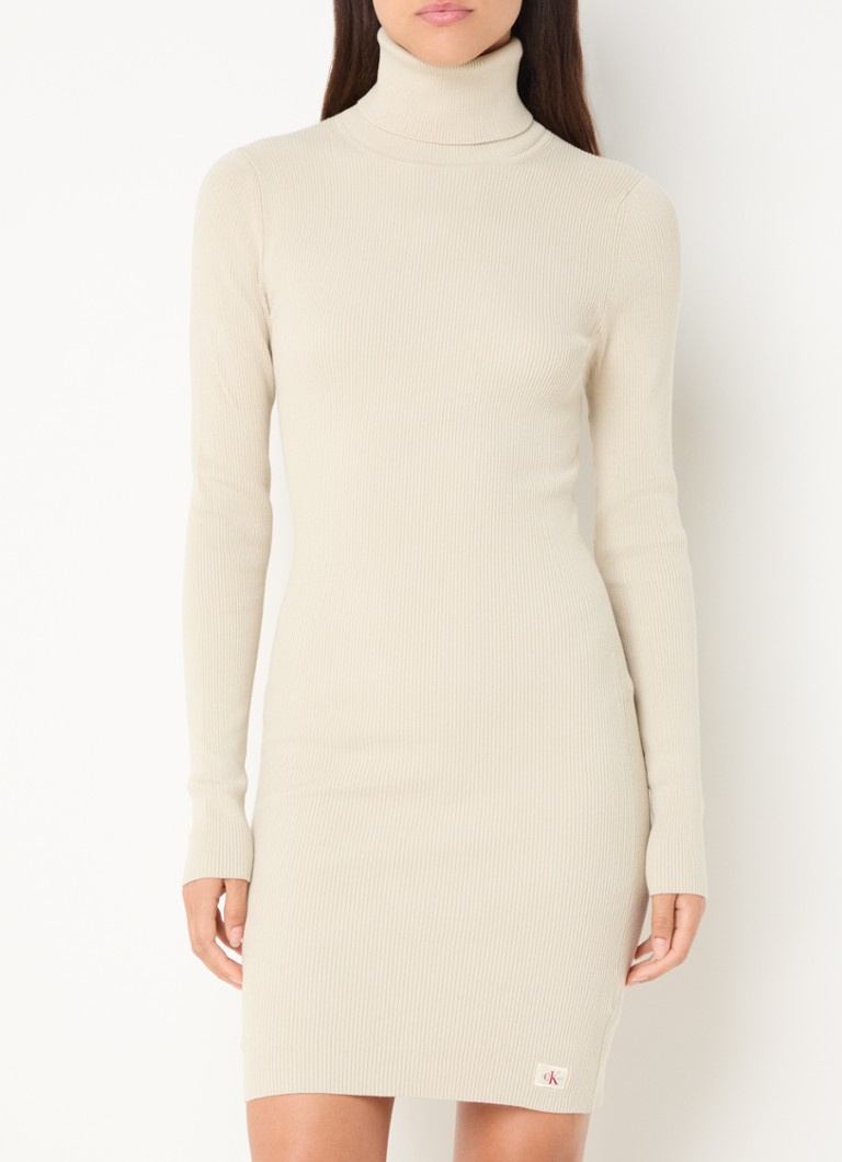 Calvin Klein Ribgebreide mini trui-jurk met col • Beige