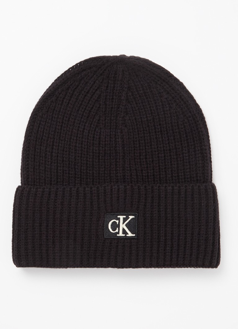 Calvin Klein - Ribgebreide muts met logo - Zwart