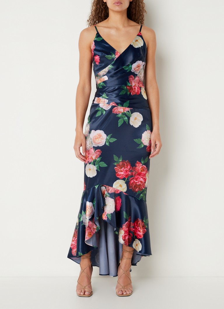 Chi Chi London - Midi jurk van satijn met bloemeprint en plooidetail - Donkerblauw