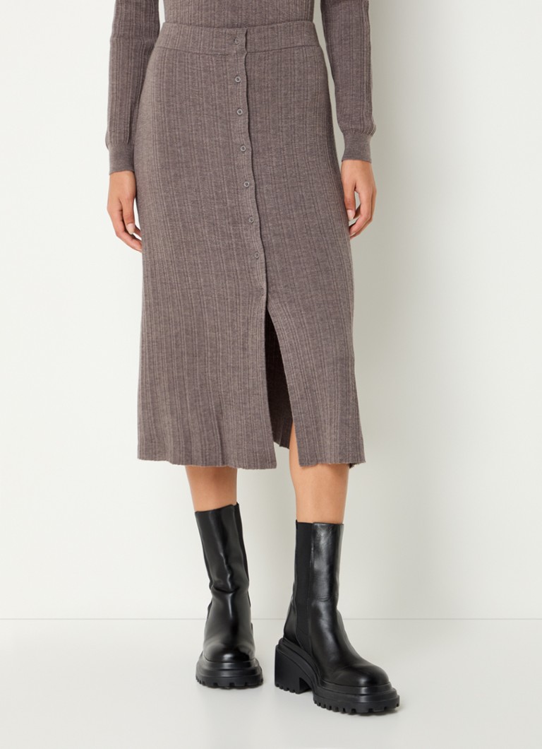 Claudie Pierlot - Milia ribgebreide midi rok van wol met split - Taupe