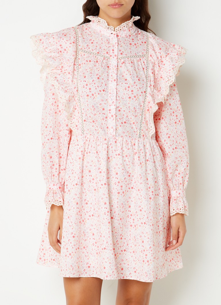 Claudie Pierlot - Robe chemise courte Ronsard à volant et imprimé floral - Rose clair