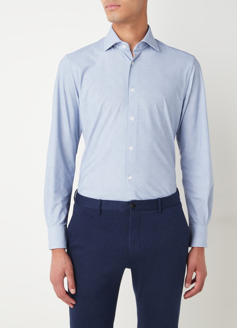 Corneliani - Slim fit overhemd van travelstof met gemêleerd dessin - Lichtblauw