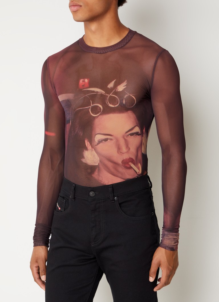 Diesel - Sielar semi-transparante longsleeve van mesh met print  - Aubergine
