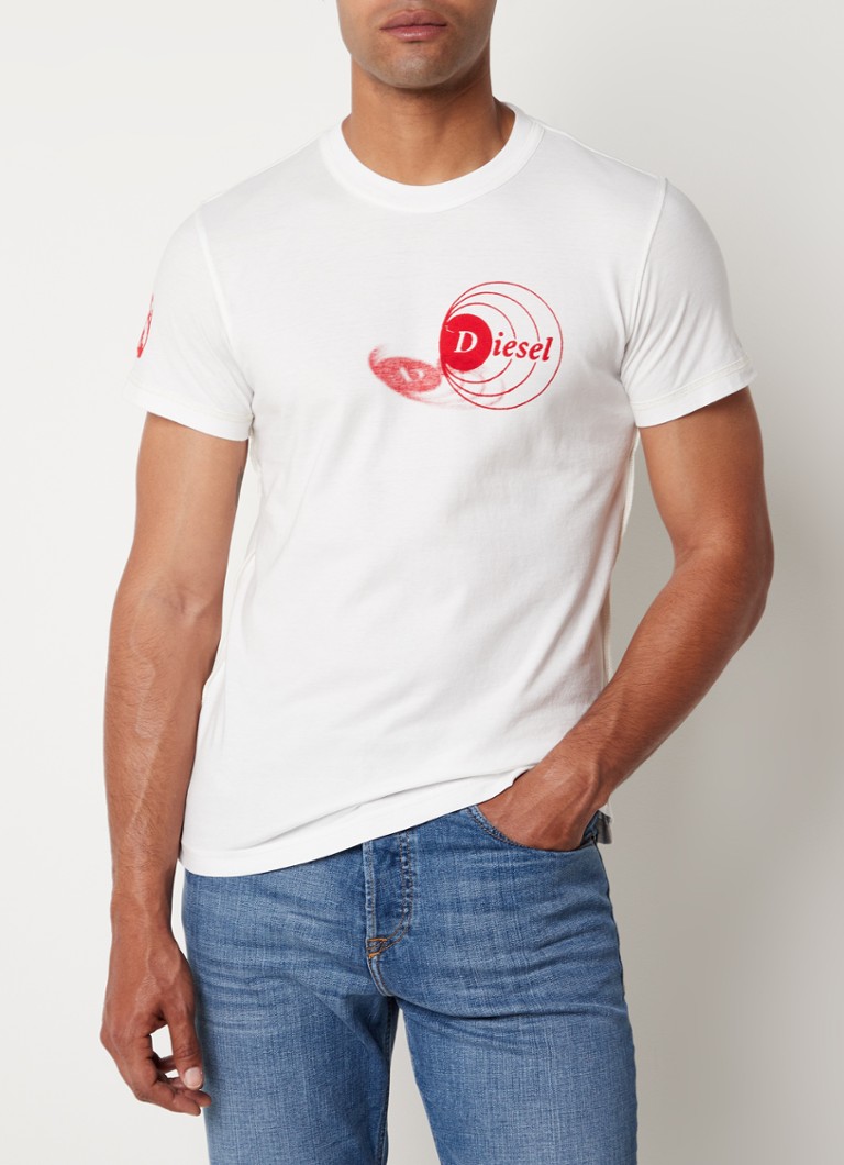 Diesel - T-Diebind-Slits-E1 T-shirt met logoprint  - Gebroken wit
