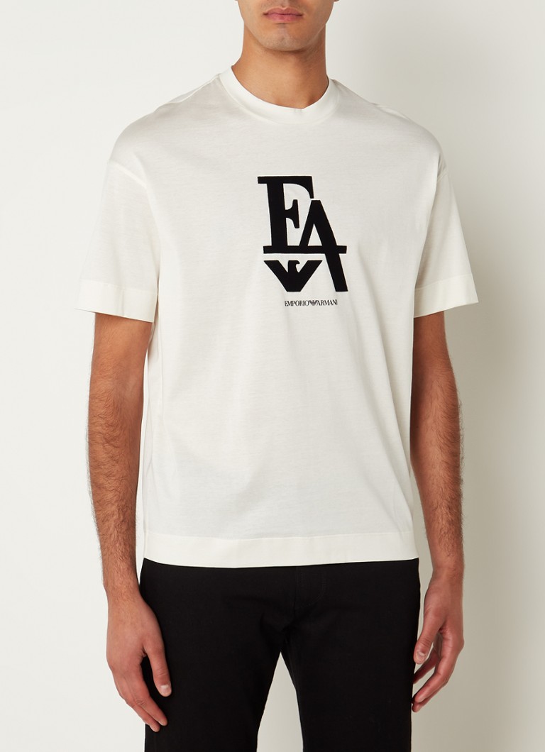 Emporio Armani - T-shirt met flock logoprint - Gebroken wit