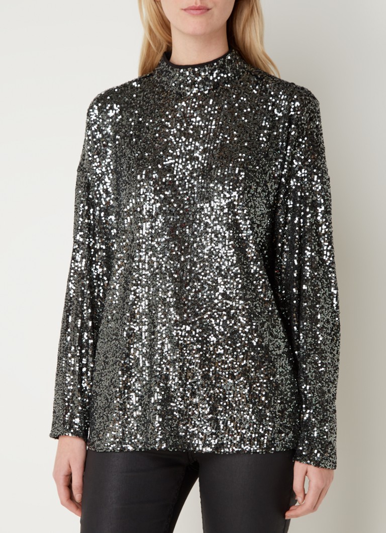 Expresso - Mid blouse with sequins - Zwart