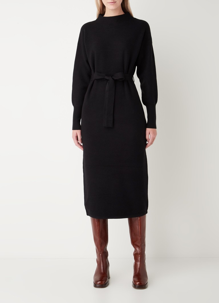 Expresso - Midi trui-jurk met strikceintuur en opstaande kraag - Zwart
