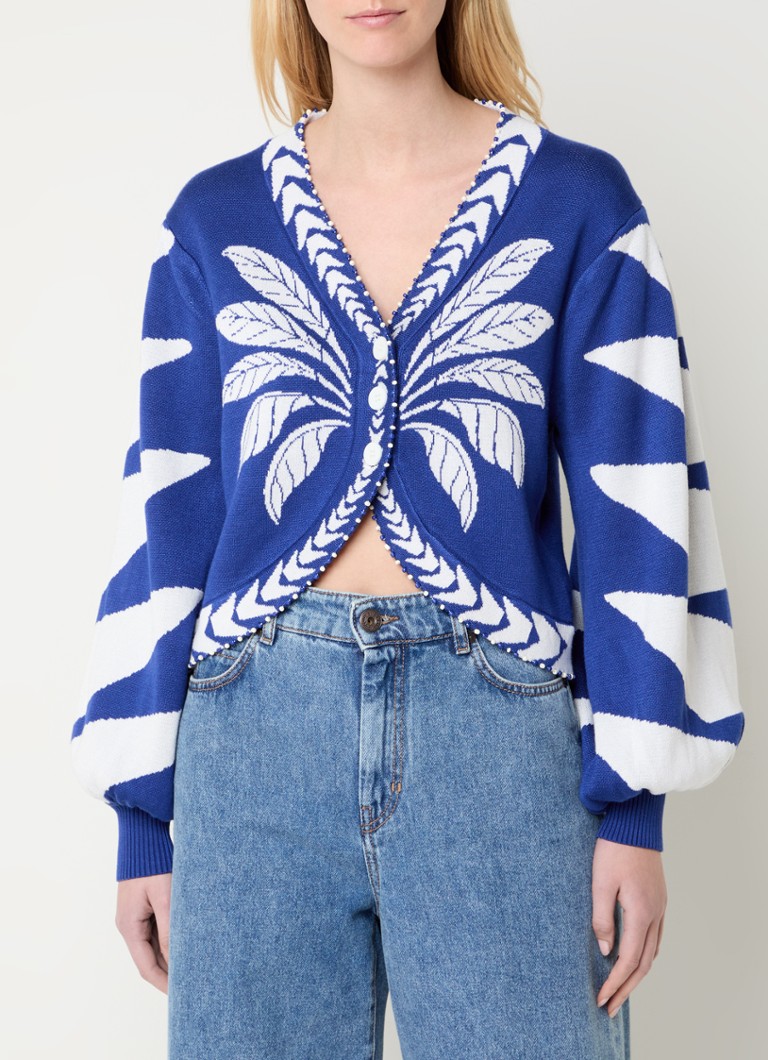 Farm Rio - Blue Palm fijngebreid vest met bladprint - Royalblauw