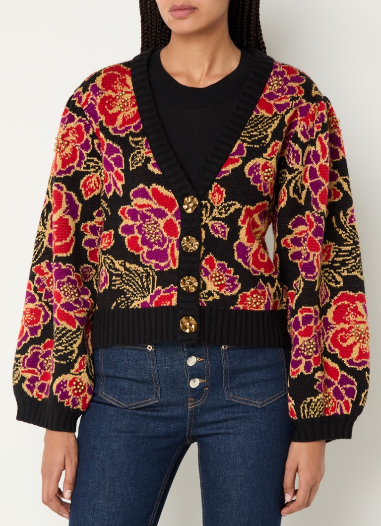 Farm Rio - Chita grofgebreid vest in wolblend met bloemenprint en lurex - Zwart