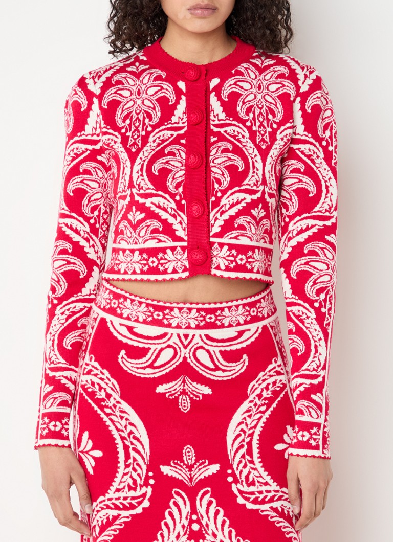 Farm Rio - Fijngebreid cropped vest met print - Rood