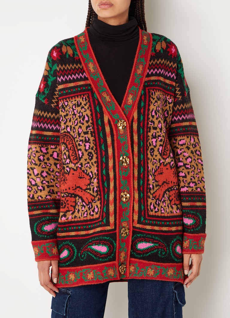 Farm Rio - Fijngebreid vest in wolblend met print - Rood