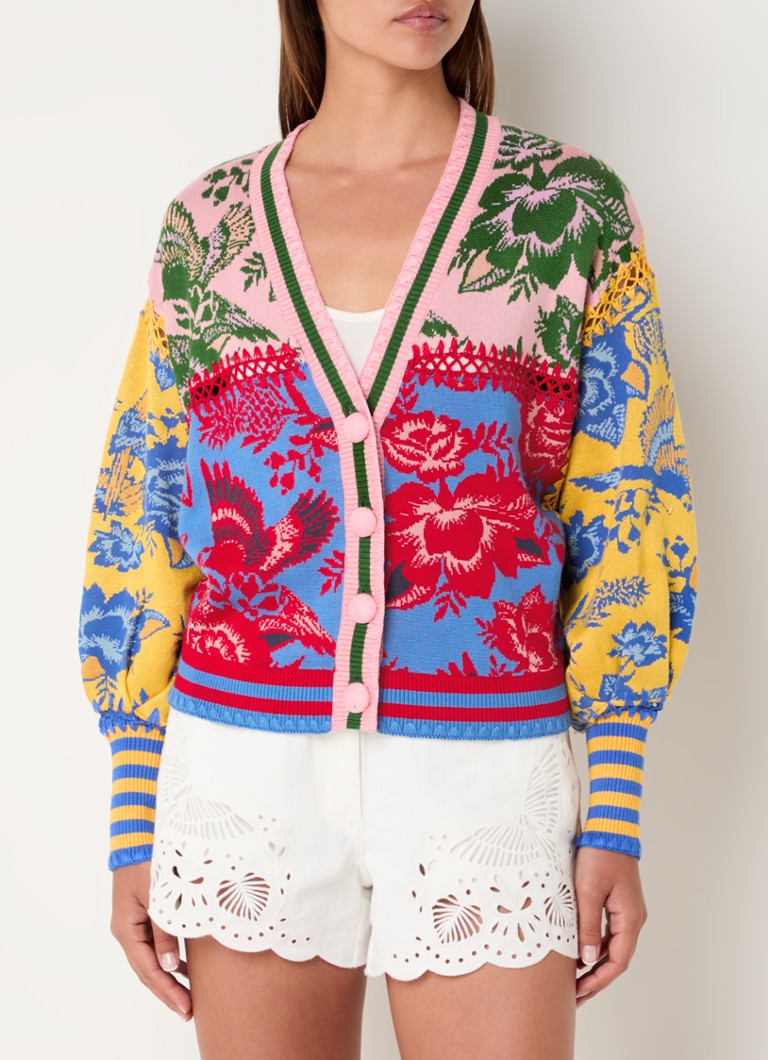 Farm Rio - Fijngebreid vest met bloemenprint en opengewerkt detail - Roze
