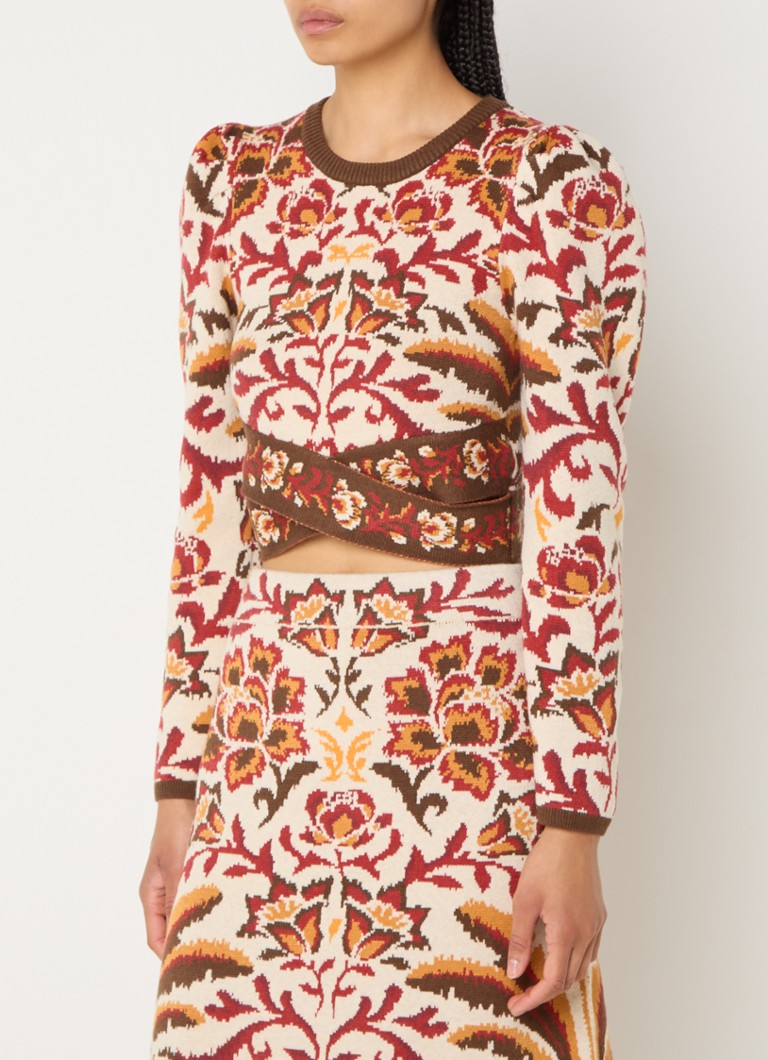 Farm Rio - Toucans fijngebreide crop top met bloemenprint - Donkerrood