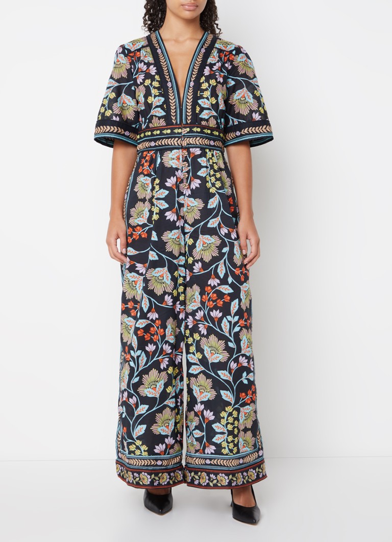 Farm Rio - Wide fit jumpsuit met bloemenprint en steekzakken - Zwart
