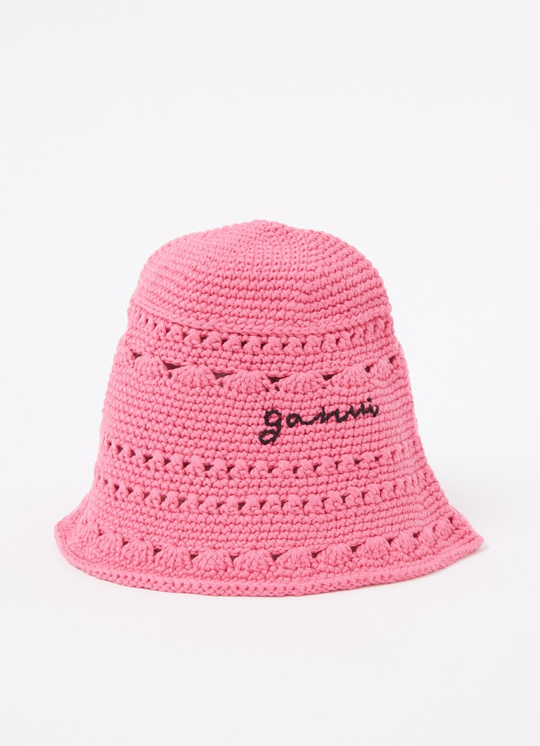 Ganni - Bucket hoed van crochet met logo  - Neonroze