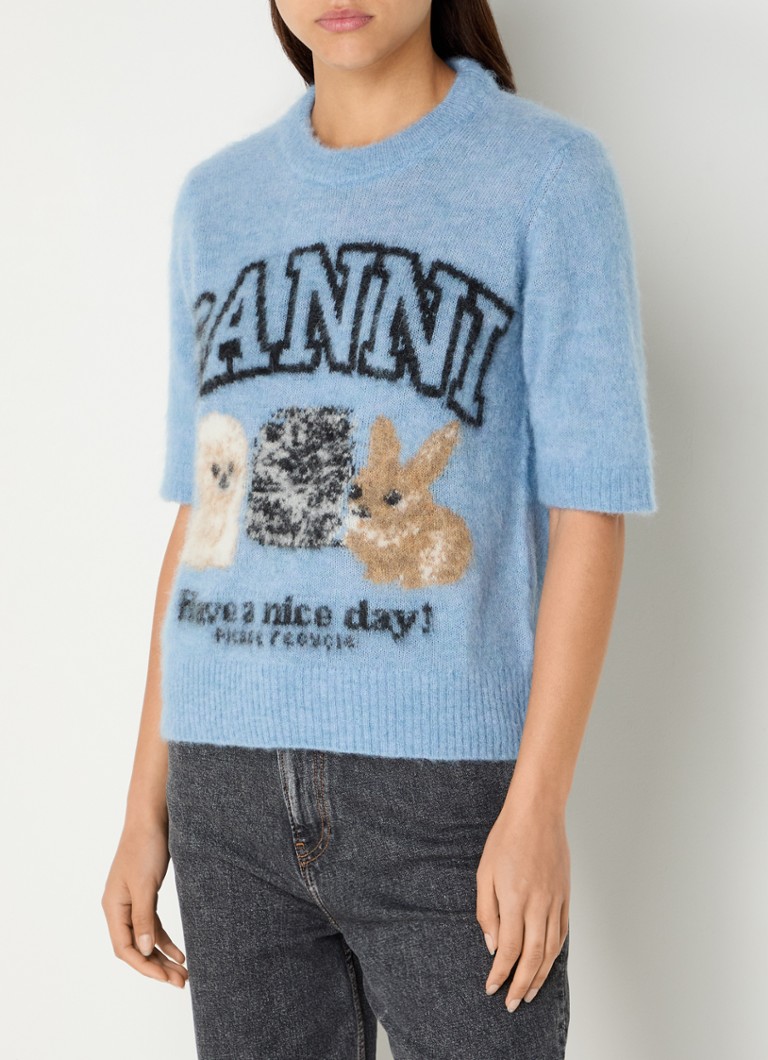 Ganni - Fijngebreide trui in alpaca wolblend met ingebreide logoprint - Staalblauw