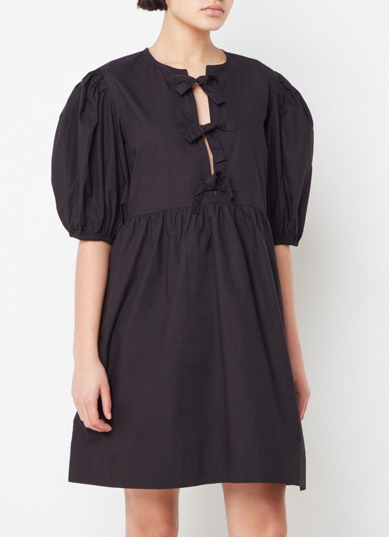 Ganni - Mini tuniekjurk met pofmouw en strikdetail - Zwart