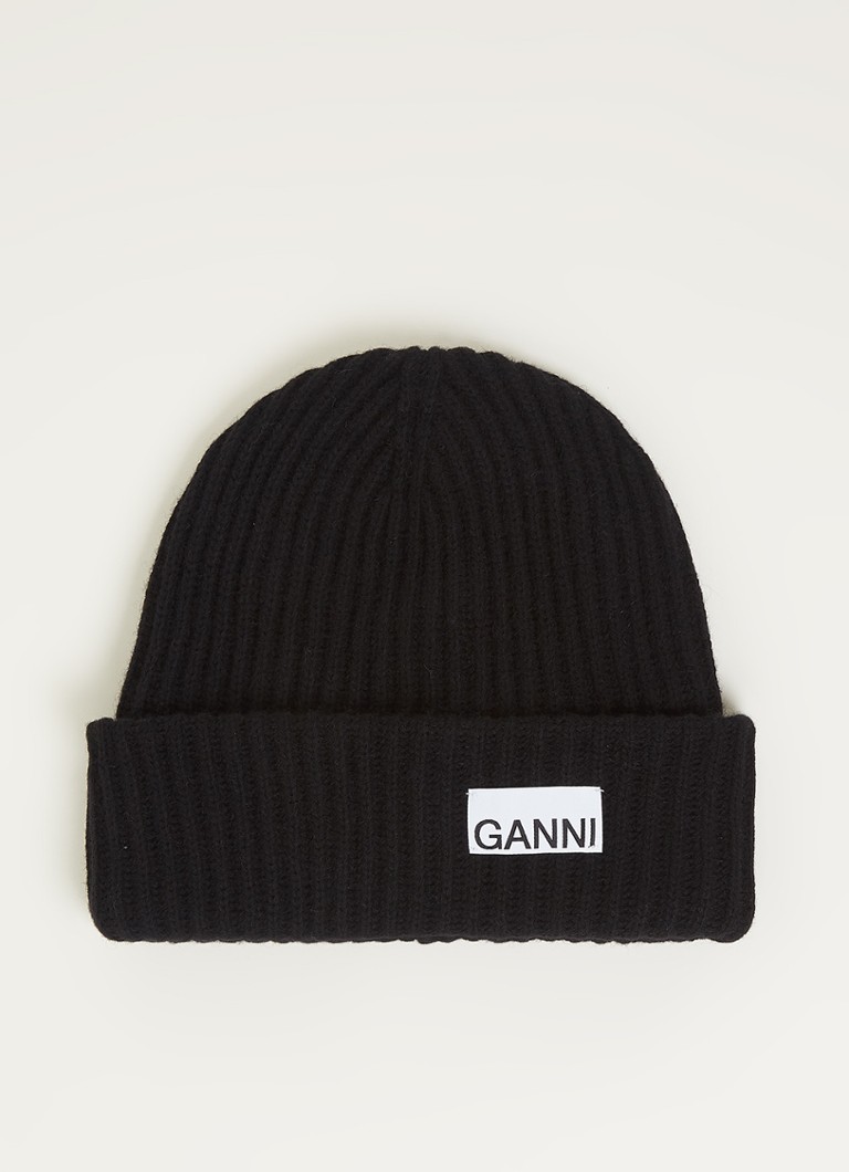 Ganni - Muts in wolblend met logo - Zwart