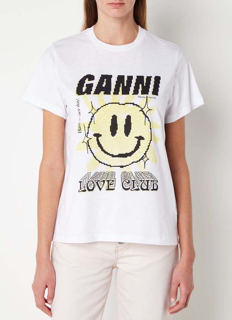 Gepensioneerd Paine Gillic flexibel Ganni Smiley T-shirt van biologisch katoen met logoprint • Wit •  deBijenkorf.be