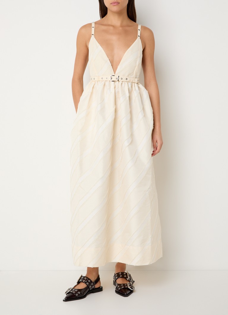 Ganni - Taffeta maxi jurk met structuur en ceintuur - Gebroken wit
