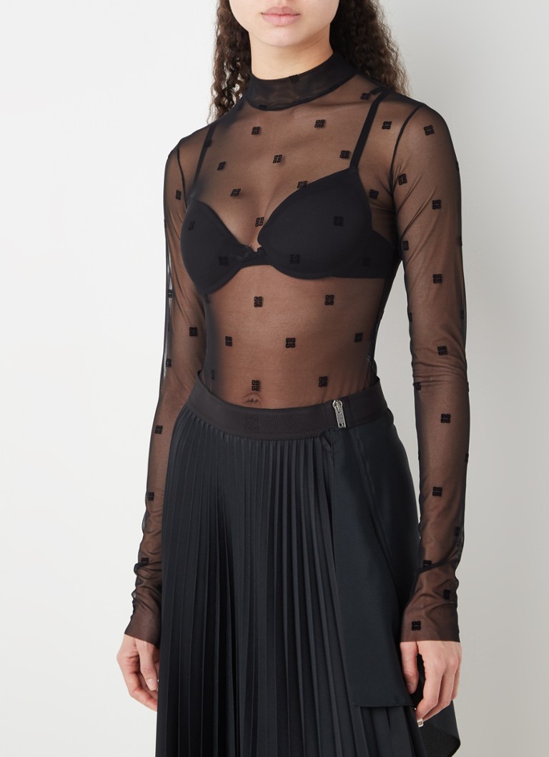 Givenchy - Semi-transparante body van mesh met flock logoprint - Zwart