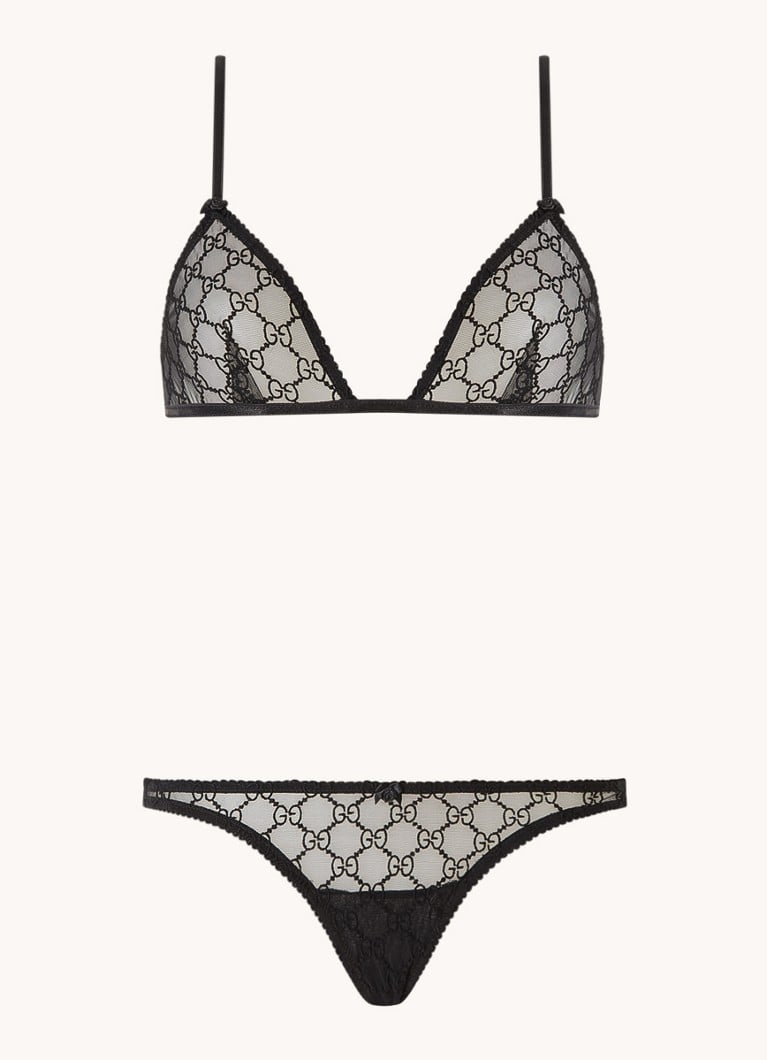 Gucci Bralette en slip set van mesh met logoborduring • Zwart •