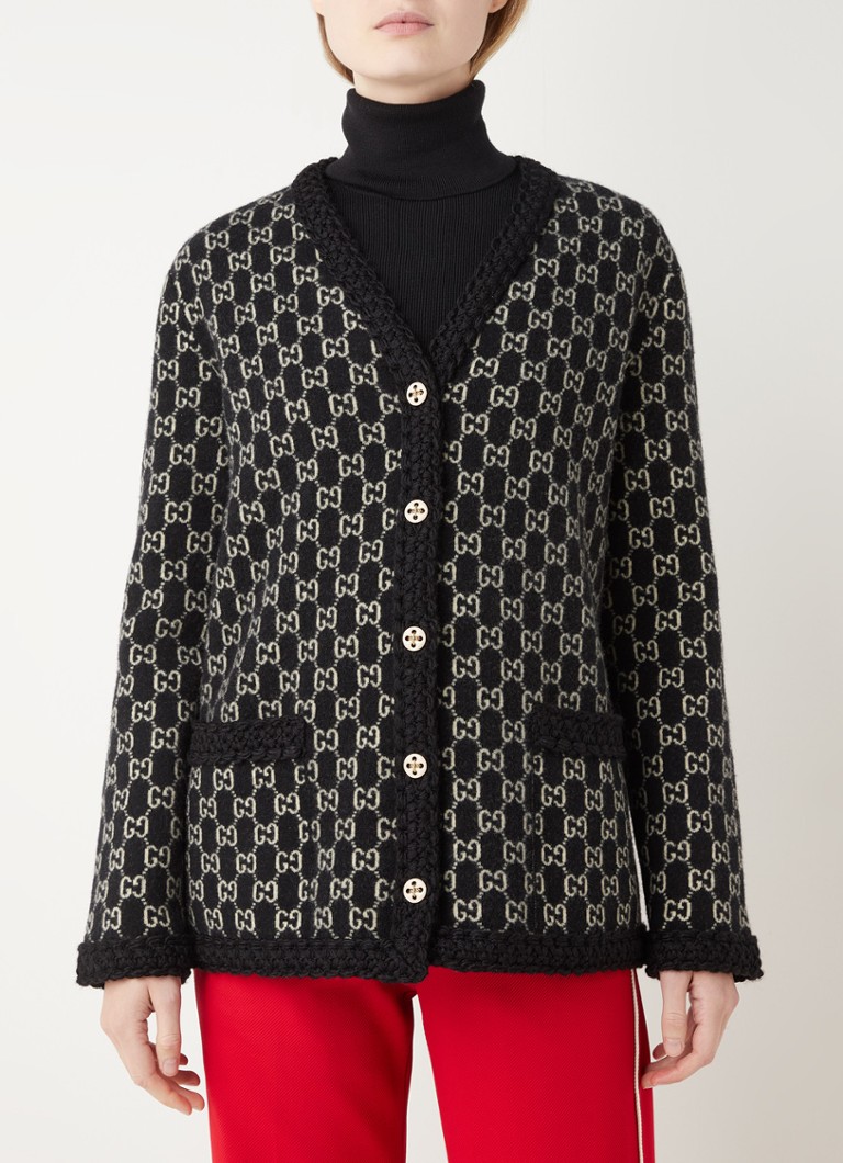 Gucci - Cardigan en laine à maille fine avec imprimé logo brodé - Noir