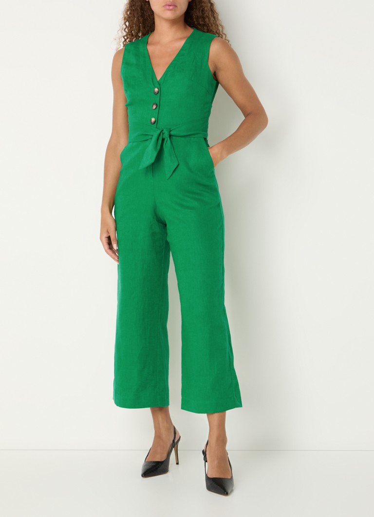 Hobbs - Melodie loose fit cropped jumpsuit  van linnen met strikceintuur - Groen