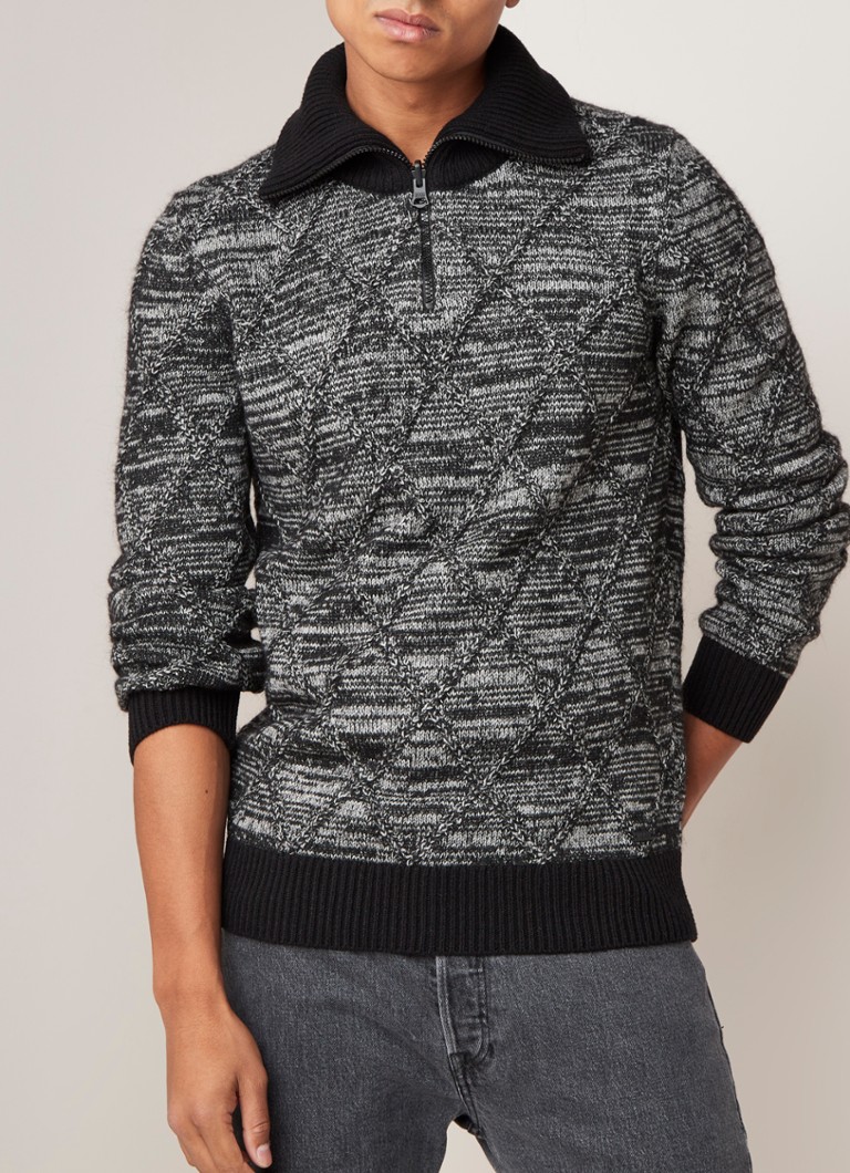 HUGO BOSS - Akuanes trui in wolblend met gemêleerd dessin en halve rits - Zwart