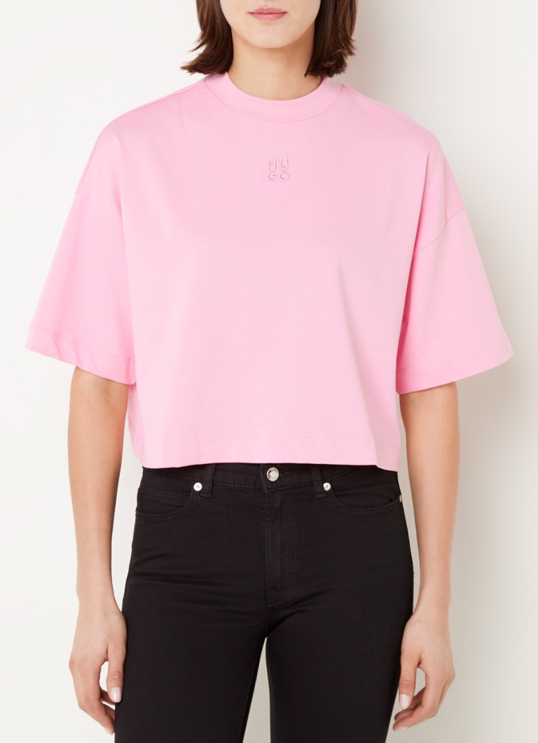 HUGO BOSS - Cropped T-shirt met logoborduring - Roze