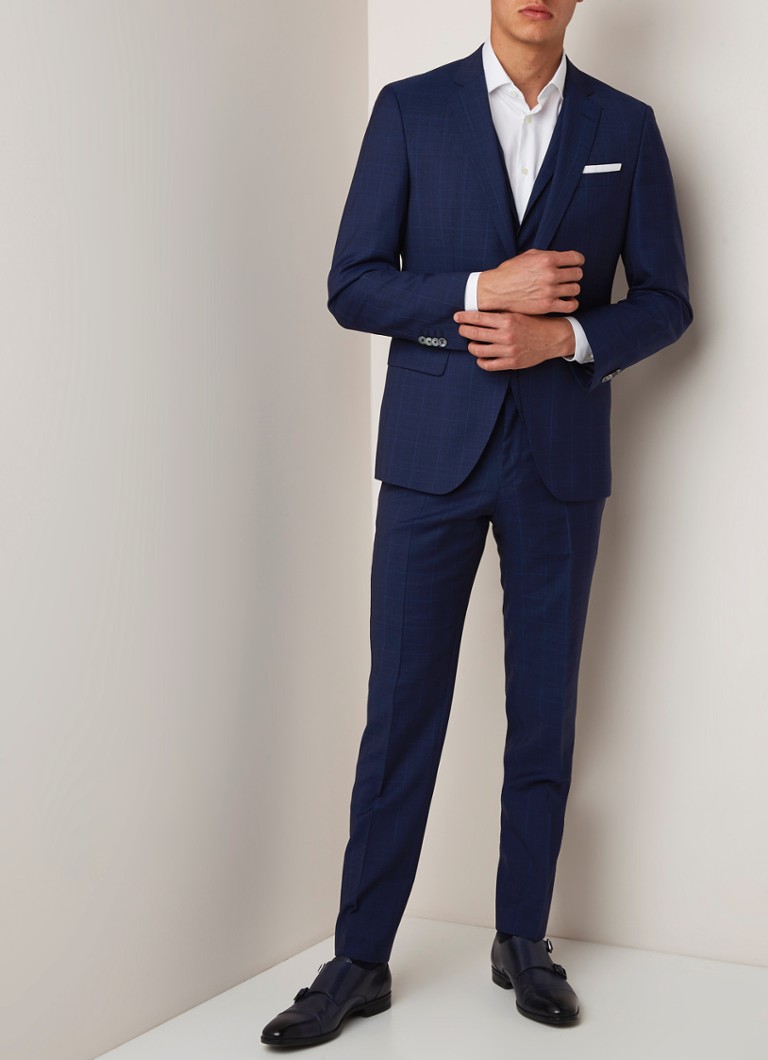 HUGO BOSS - Hutson5/Gander3 driedelig slim fit pak van wol met ruitdessin - Donkerblauw