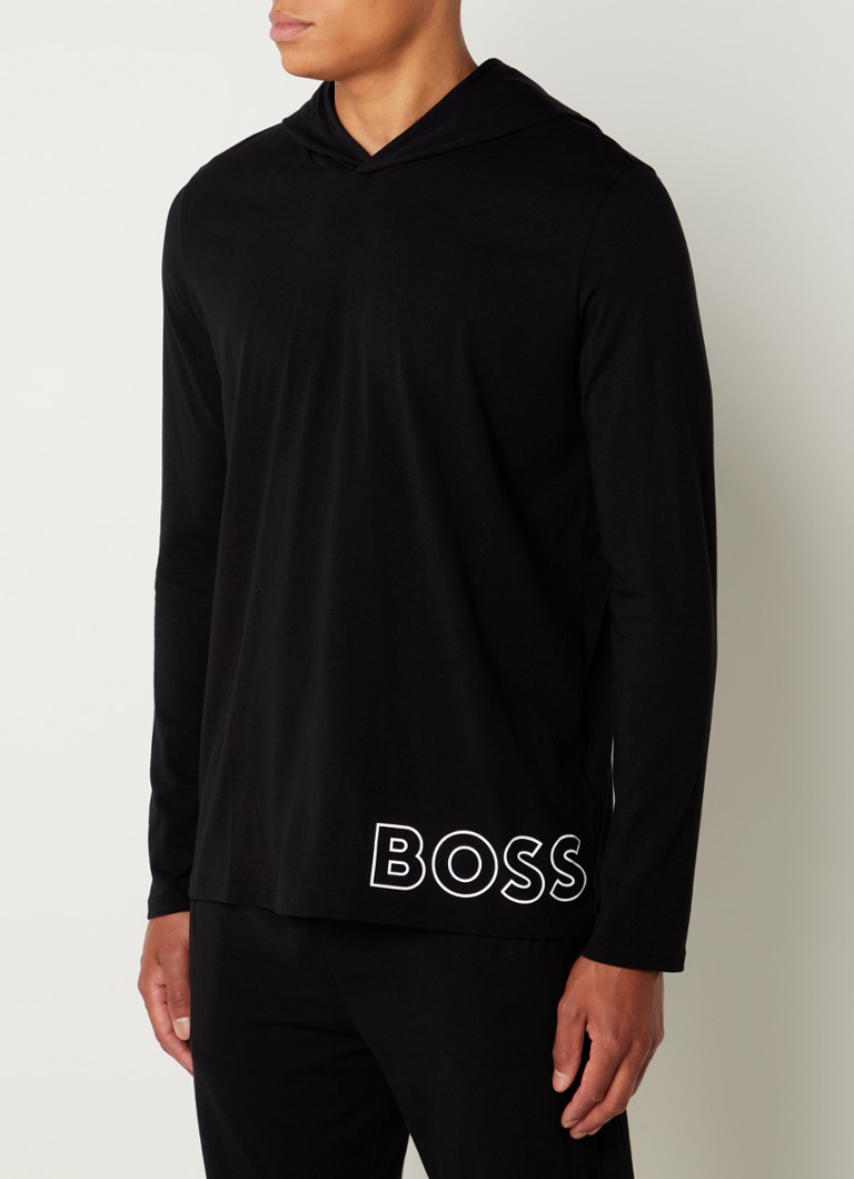 HUGO BOSS - Pyjamatop met capuchon en logoprint - Zwart