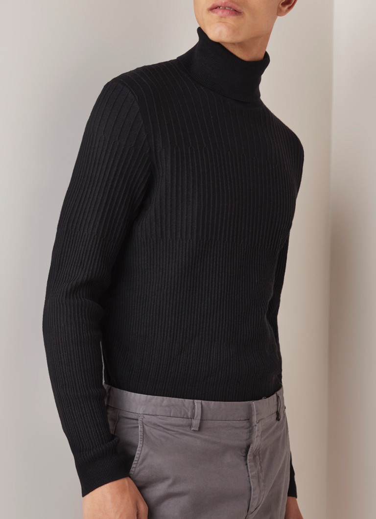 HUGO BOSS - Sblock ribgebreide coltrui in wolblend - Zwart