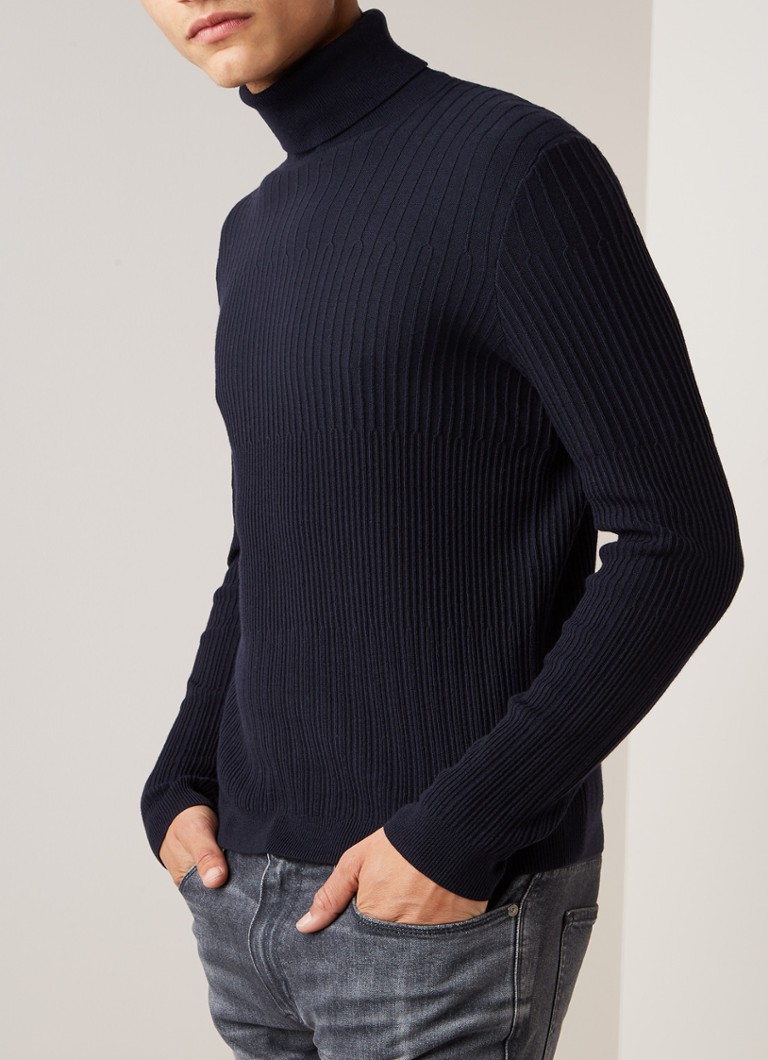 HUGO BOSS - Sblock ribgebreide coltrui in wolblend - Donkerblauw