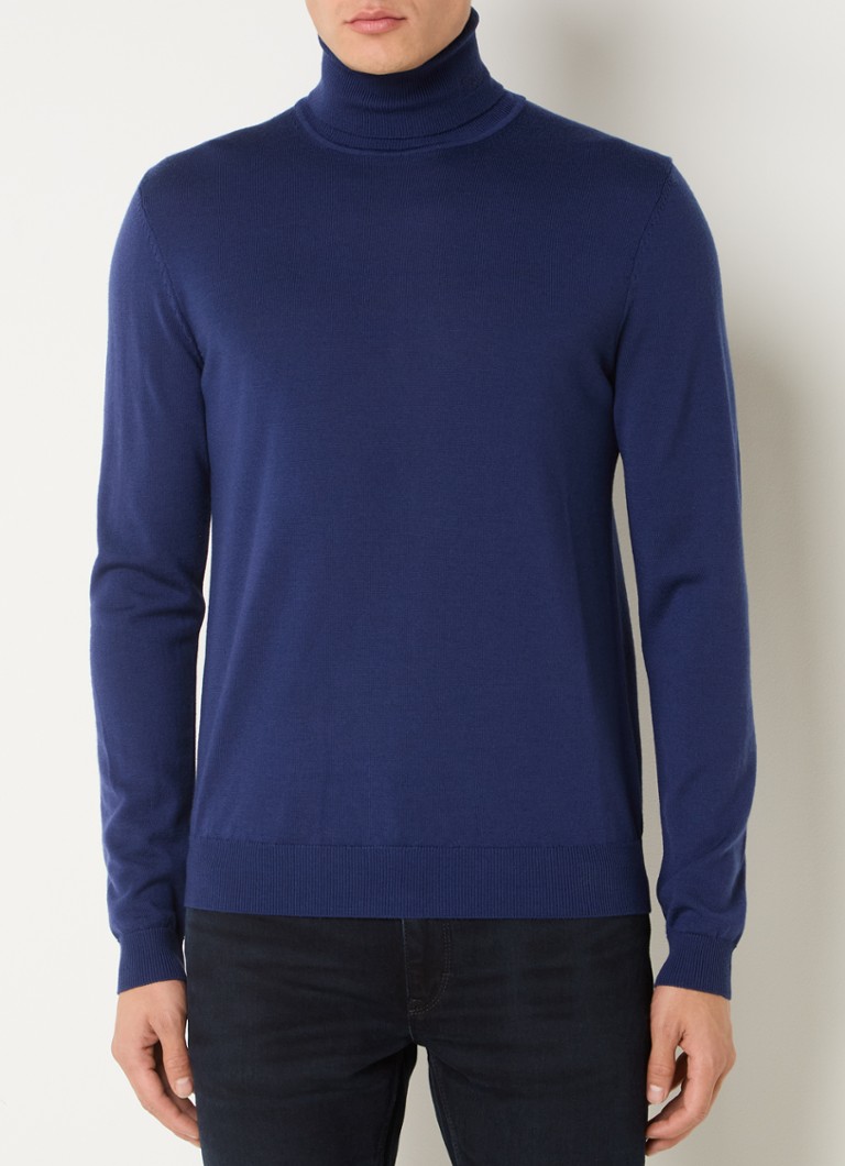 HUGO - San Thomas fijngebreide coltrui van scheerwol - Royalblauw